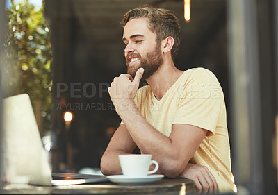 Buy stock photo Cafe laptop, thinking and man reading online blog story, positive customer experience review or doing internet research. Coffee shop restaurant, freelance remote work and person working on project