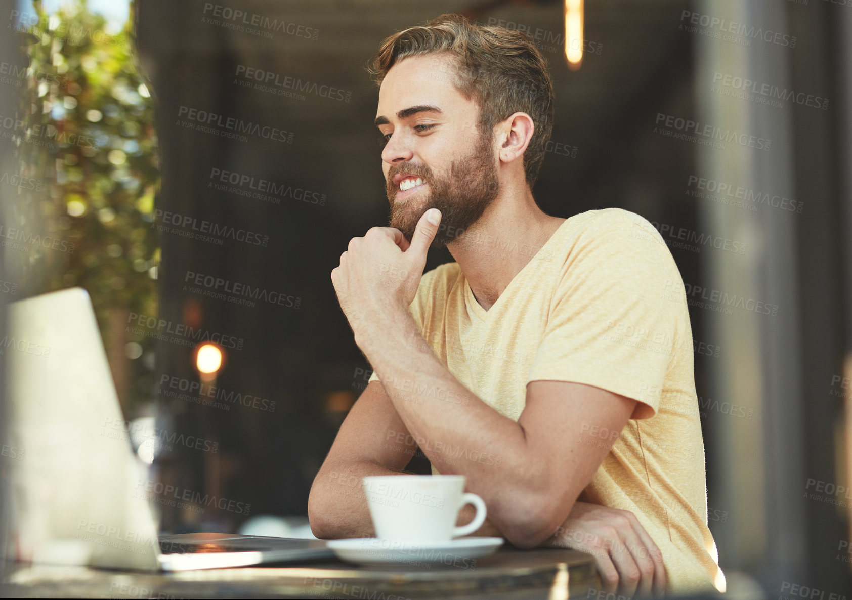 Buy stock photo Cafe laptop, thinking and man reading online blog story, positive customer experience review or doing internet research. Coffee shop restaurant, freelance remote work and person working on project