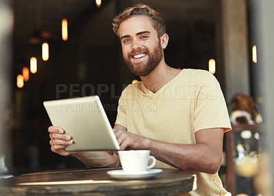 Buy stock photo Cafe portrait, tablet and happy man work on online project, research or review restaurant, store or coffee shop service. Smile, happiness and person working on hospitality insight, data or statistics