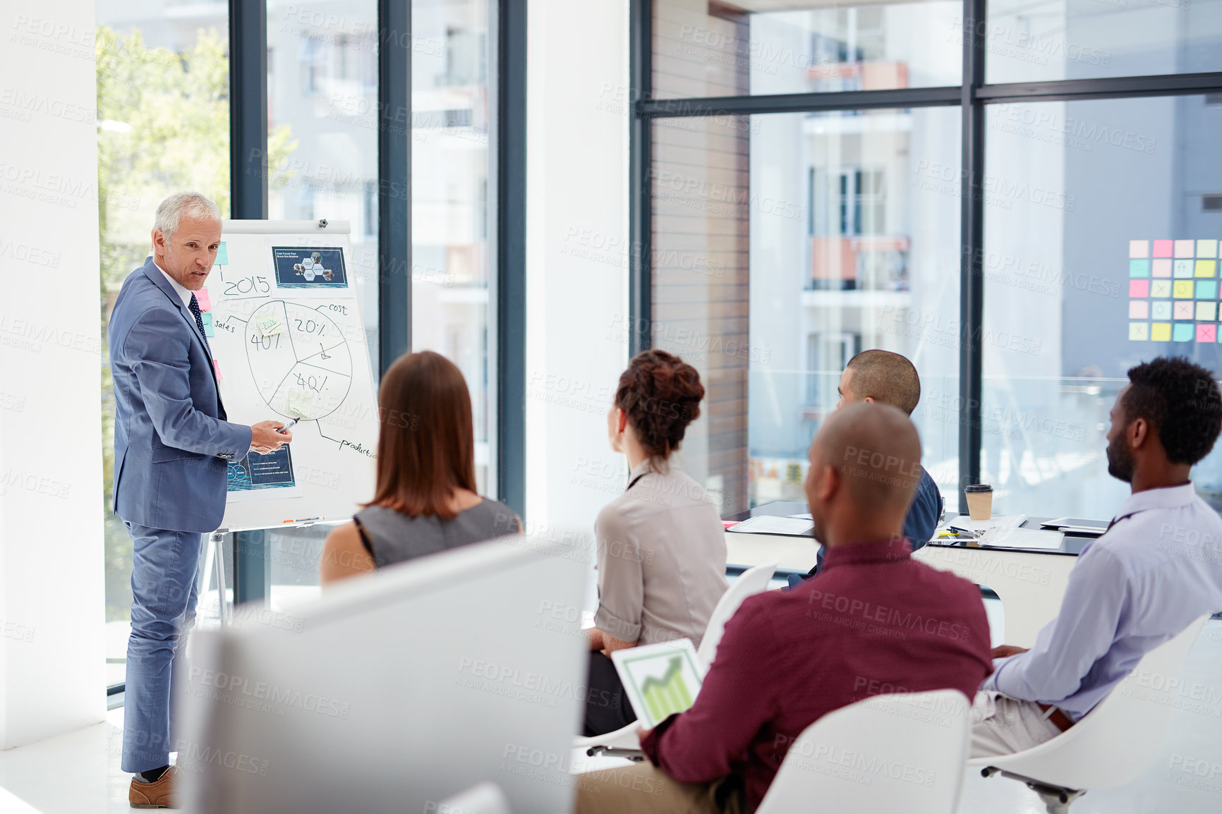 Buy stock photo Business, employees and presentation in boardroom on whiteboard with strategy for company growth. Office, people and serious on discussion with report, feedback and performance review with statistics