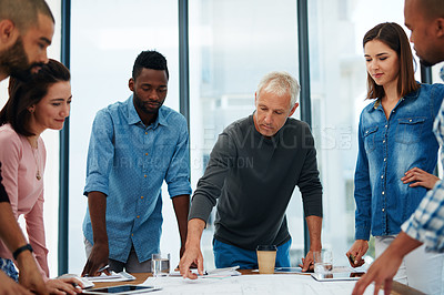 Buy stock photo Business people, architect or team in meeting with blueprint for building design, brainstorming or strategy. Architecture, employee or collaboration with floor plan in boardroom for creative planning