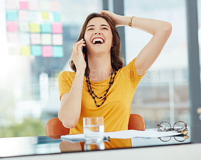 Buy stock photo Woman laughing in office, funny and phone call communication with business contact or conversation. 
Positivity, professional and female person networking in casual discussion on mobile with laughter