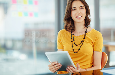 Buy stock photo Business woman is thinking with tablet in office, ideas and inspiration for project with focus at digital marketing agency. Creative female designer, think of content for website and tech with mockup