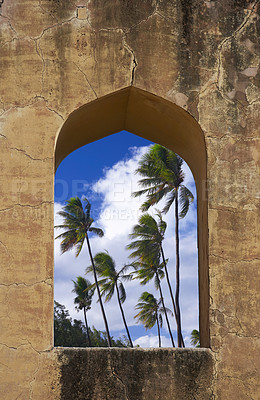 Buy stock photo Architecture, window and travel with palm tree for holiday destination, summer and Morocco. Resort, oriental and vacation with Marrakech buildings on mediterranean island for adventure and explore