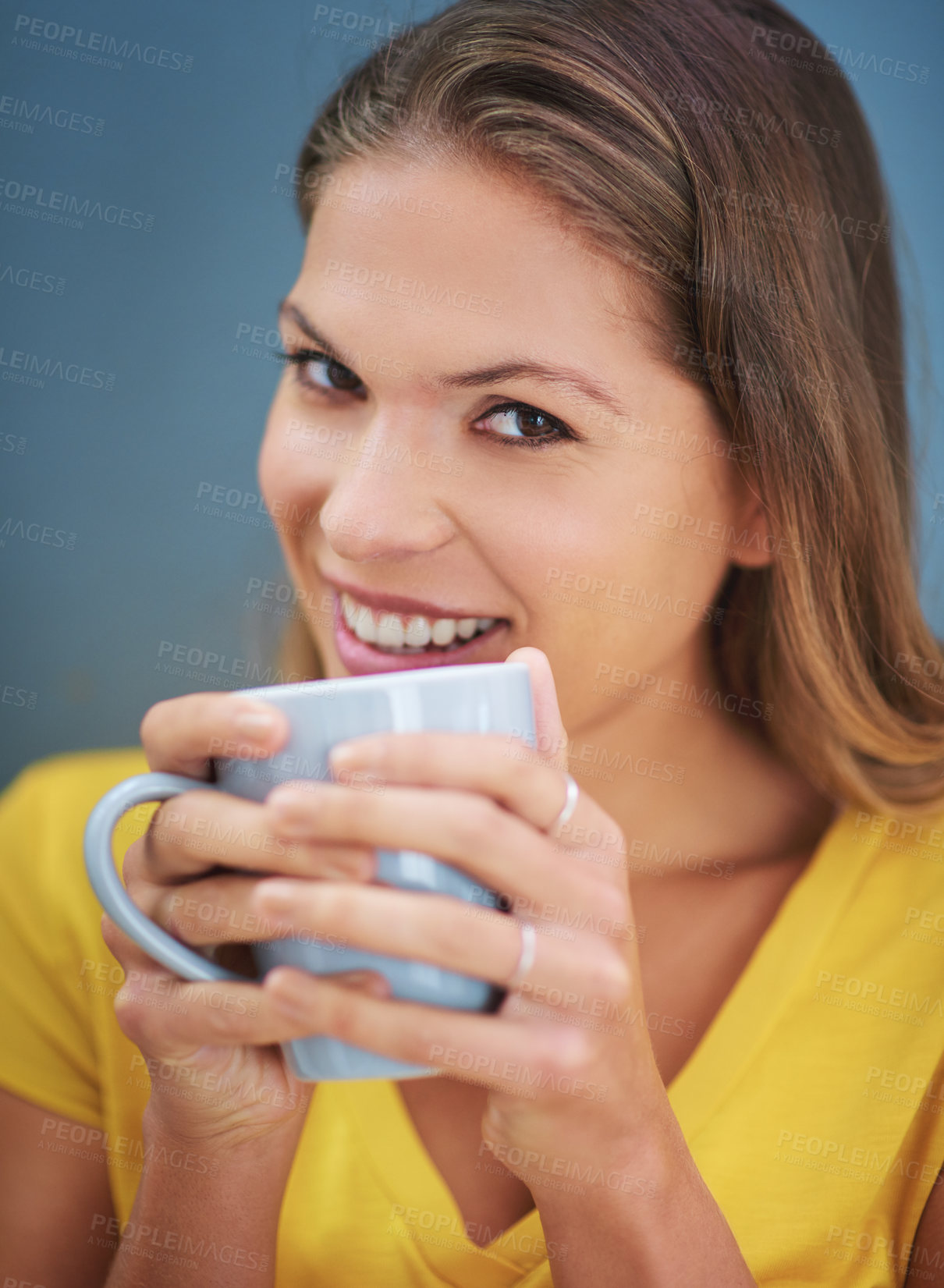 Buy stock photo Happy woman, studio and coffee or tea for morning motivation, happiness and inspiration with hot drink for energy, relax and break. Portrait of female in studio while drinking beverage from cup