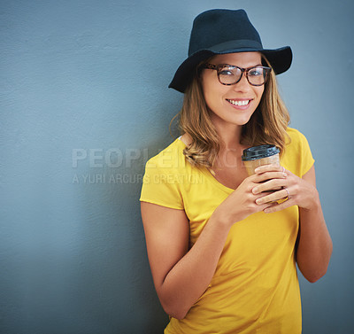 Buy stock photo Fashion, glasses and woman with coffee on wall with cappuccino, espresso and mock up space background. Aesthetics, designer hat and trendy female from Canada holding tea or hot beverage with mockup.