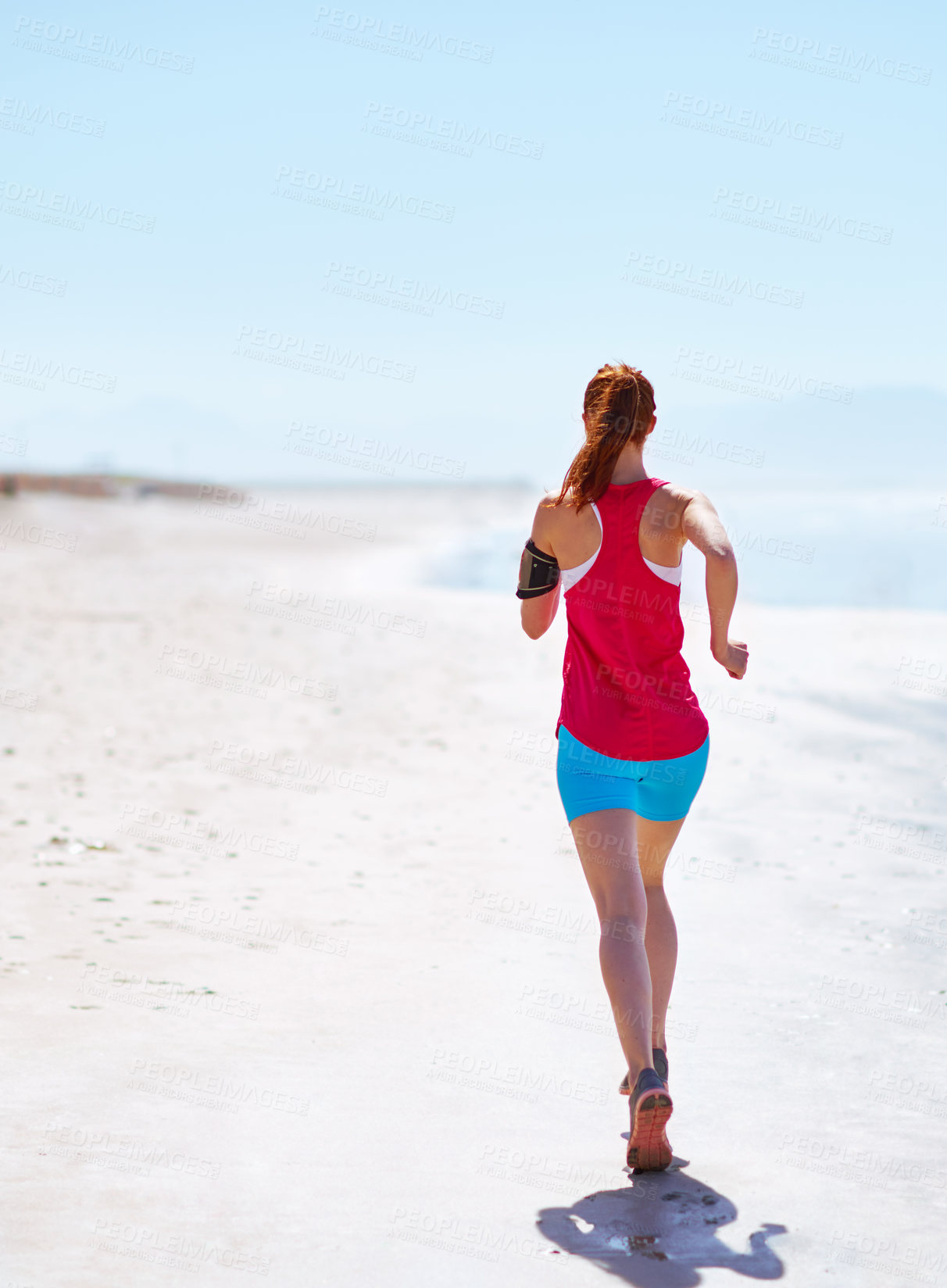 Buy stock photo Back, fitness and running with woman on beach in morning for cardio, exercise or marathon training. Sand, sky and space with athlete or runner outdoor in summer for improvement, sports or wellness