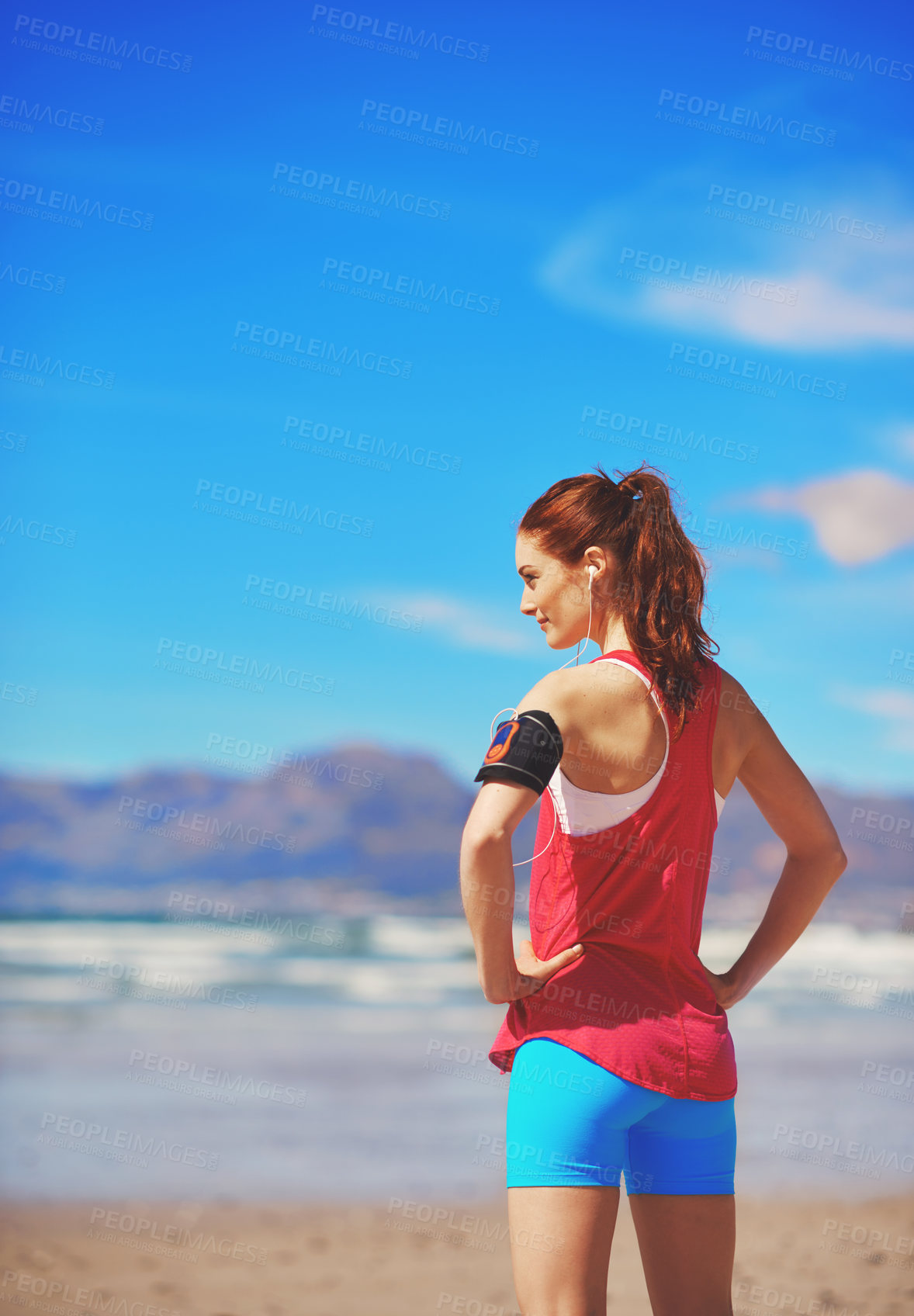 Buy stock photo Ocean, fitness and woman with exercise, wellness and workout with break, training and getaway trip. Challenge, healthy person and athlete with waves, beach and hobby with routine, view and nature