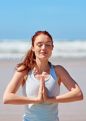 Buy stock photo Woman, beach and eyes closed with namaste for meditation on portrait to relax, break and health. Female person, stress relief and smile with zen with yoga for wellness, wellbeing and self care