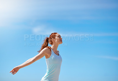 Buy stock photo Woman, outdoor and happy with arms open for meditation or freedom to relax, break and mental health. Female person, stress relief and happy with yoga or balance for wellness, wellbeing and self care