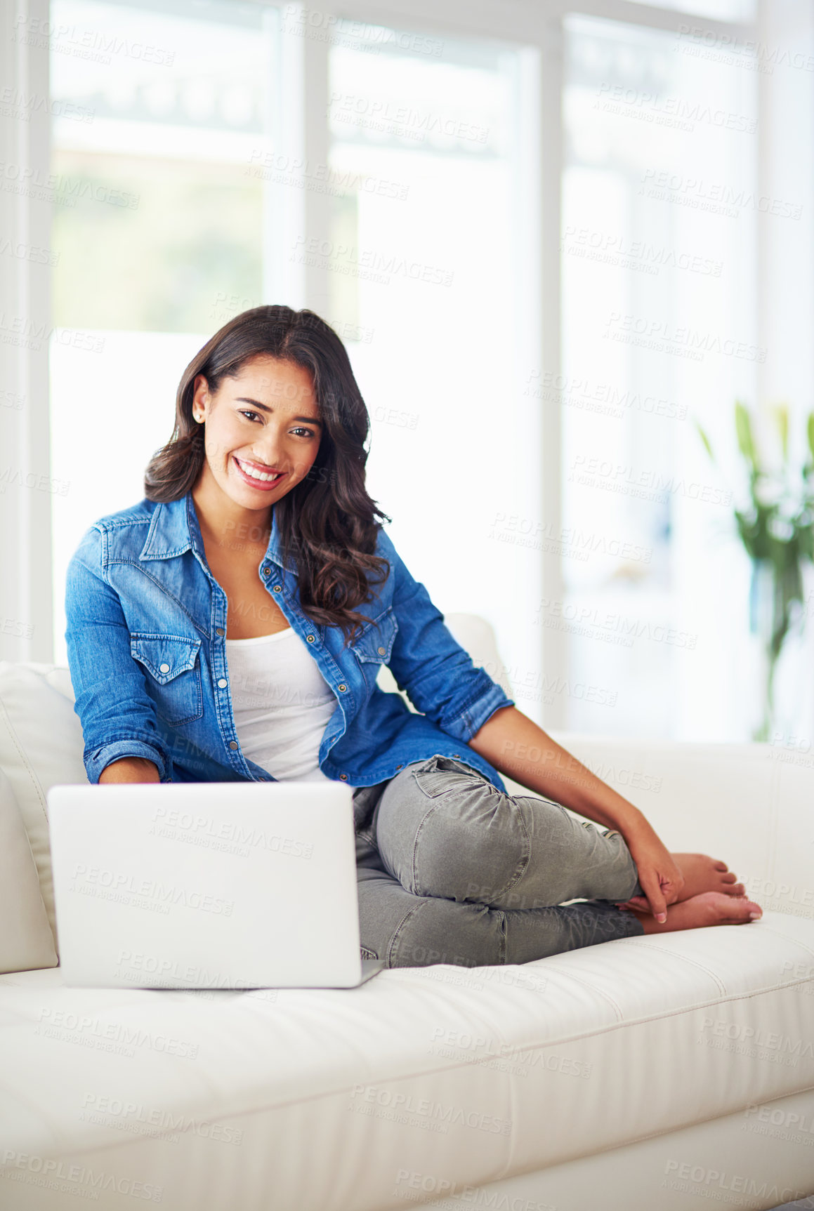 Buy stock photo Laptop, happy woman and portrait in home to relax on sofa for remote work, online blog or news. Computer, freelancer and girl smile in living room for research, data entry and information on internet