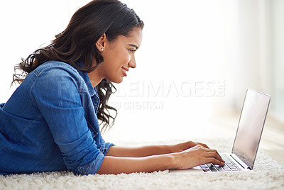 Buy stock photo Happy, relax or woman on laptop for networking, communication or social media review on living room floor. Search, email or girl working with smile writing blog, marketing or advertising content