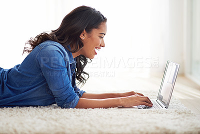 Buy stock photo Laptop, bed and woman relax with social media, streaming and internet, search and show in her home, happy and smile. Black woman, blog and influencer writing, content creator and posting in a bedroom