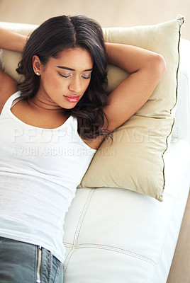 Buy stock photo Above, sleeping and woman relax on sofa for weekend comfort, carefree and nap of morning break. Tired, girl and peace wellness with eyes closed for calm, cozy and mindfulness in living room at house