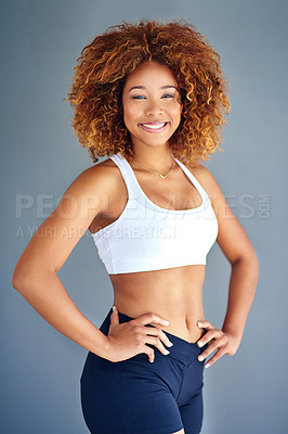 Buy stock photo Happy, exercise and portrait of woman in studio for fitness, training and workout on gray background. Sports, athlete and person with confidence, pride and smile for wellness, healthy body and gym