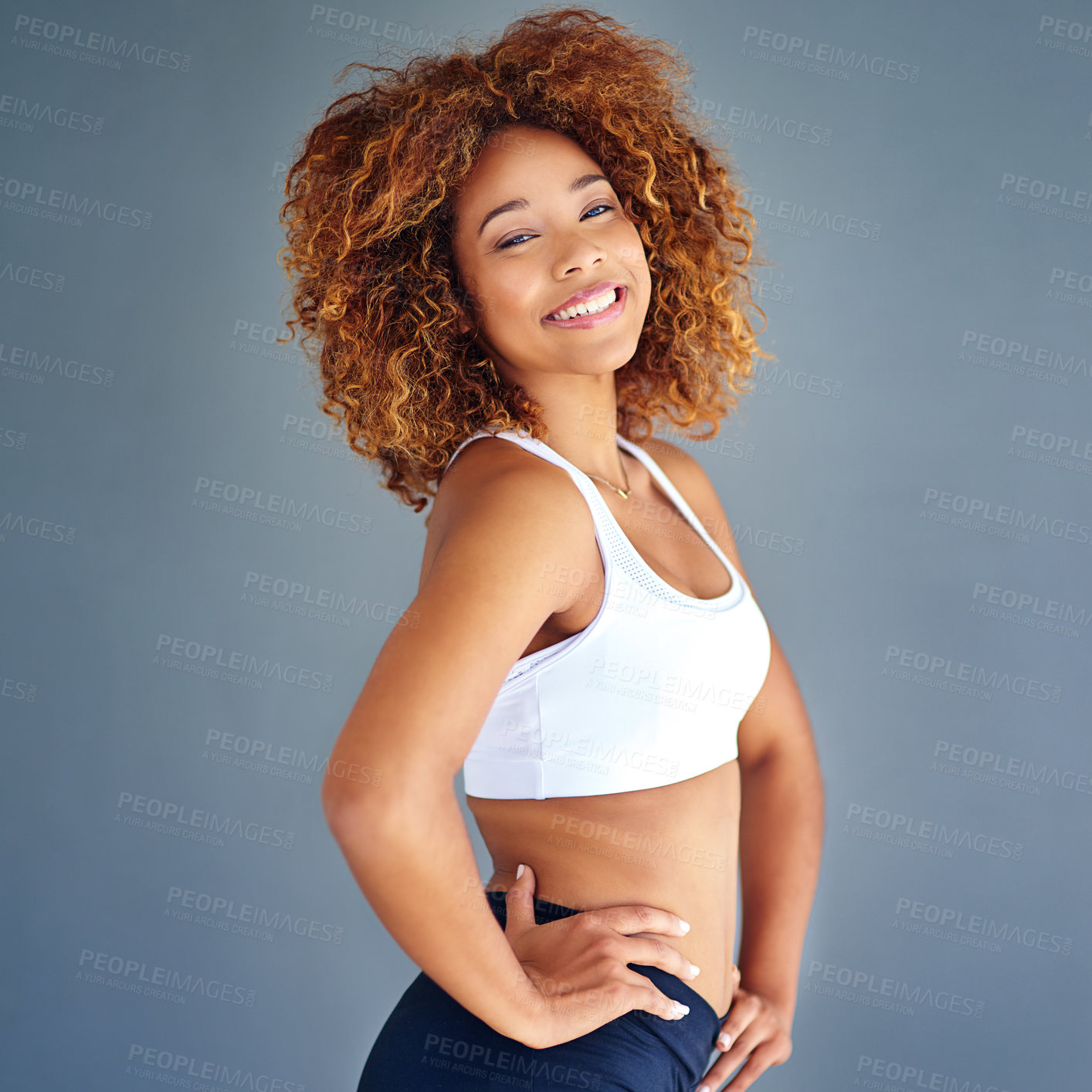 Buy stock photo Fitness, exercise and black woman with a smile for workout motivation to lose weight and achieve body goals on blue studio background. Portrait of athlete model after training for health and wellness