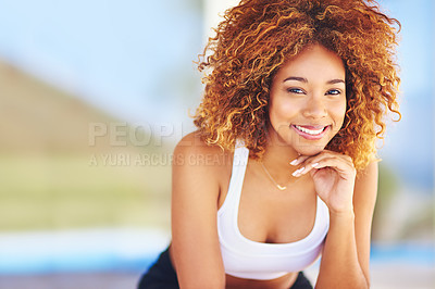 Buy stock photo Training, workout and face portrait of black woman on outdoor after fitness, exercise and cardio. Motivation, happiness and girl smile while sitting with happiness, practice and healthy lifestyle