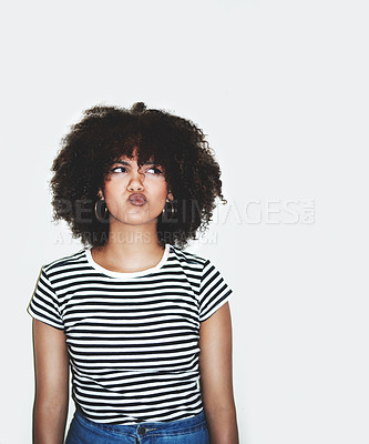 Buy stock photo Question, thinking and confused black woman with doubt, stress or thoughtful idea on youth issue. Confusion, problem or dilemma of young afro girl contemplating in white studio advertising mockup.

