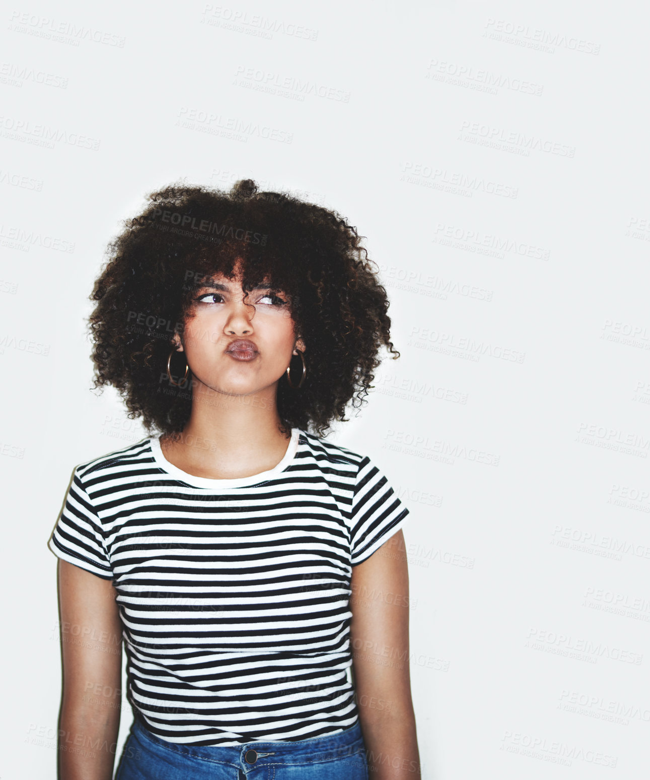 Buy stock photo Question, thinking and confused black woman with doubt, stress or thoughtful idea on youth issue. Confusion, problem or dilemma of young afro girl contemplating in white studio advertising mockup.

