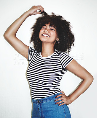 Buy stock photo Studio, curly and woman with results for hair care, texture and treatment with collagen with confidence. Afro hairstyle beauty and happiness for cosmetics, shine and satisfaction by white background