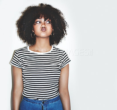 Buy stock photo Young black woman, funny face and playful with lips pout, comic, crazy and gen z youth with studio background. Comedy, goofy and silly facial expression, fashion and trendy with body language mock up