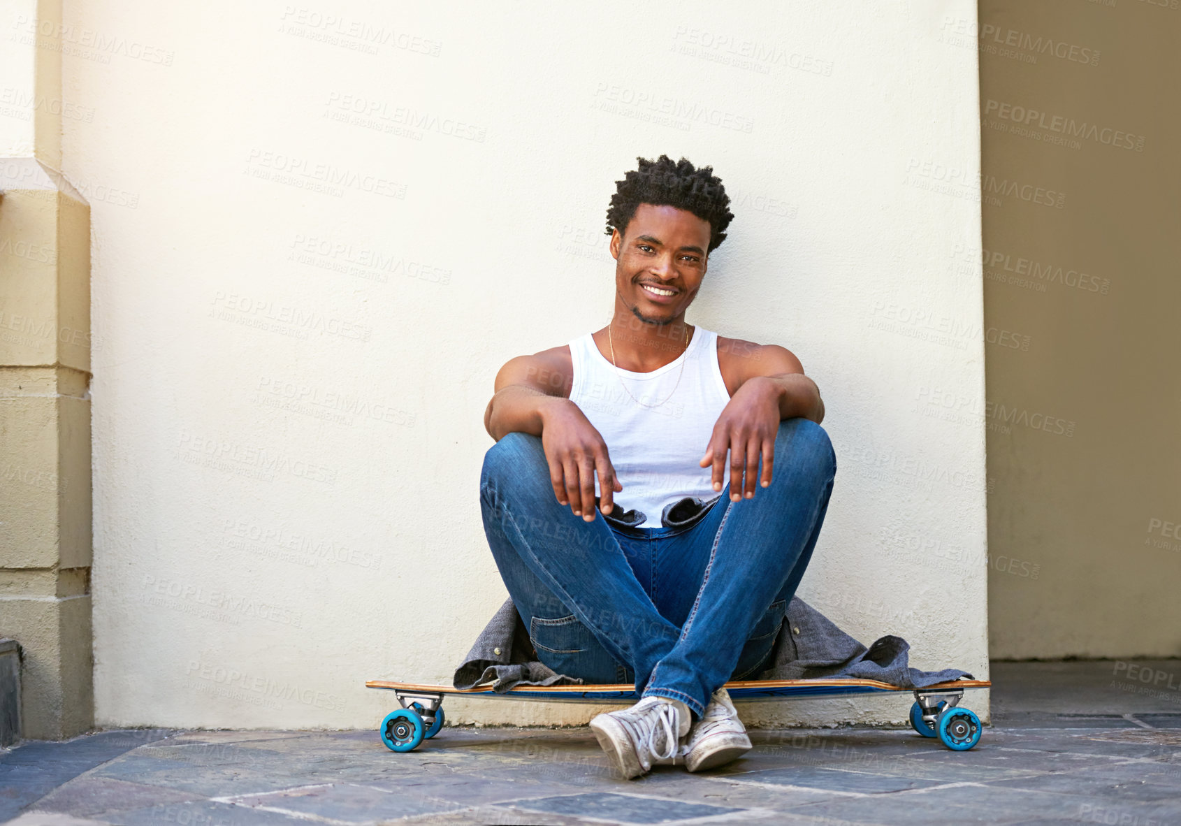 Buy stock photo Portrait of a young skater in the city