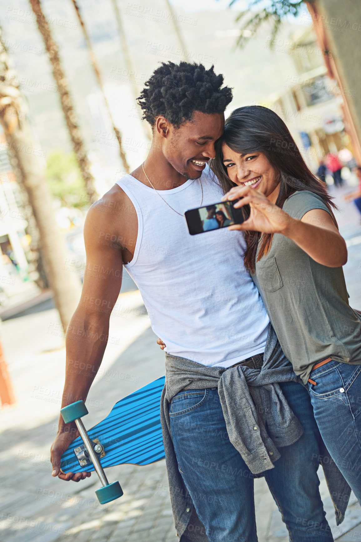 Buy stock photo Black couple, phone and travel with smile for selfie, vacation or summer break and relationship moment. Happy African American woman and man smiling for photo, bonding and traveling in the outdoors