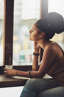 Buy stock photo Black woman thinking, drinking coffee and cafe, dreaming of ideas and planning vision, solution or daydream, goals and question memory. Girl, restaurant and inspiration, mindset and relax at window