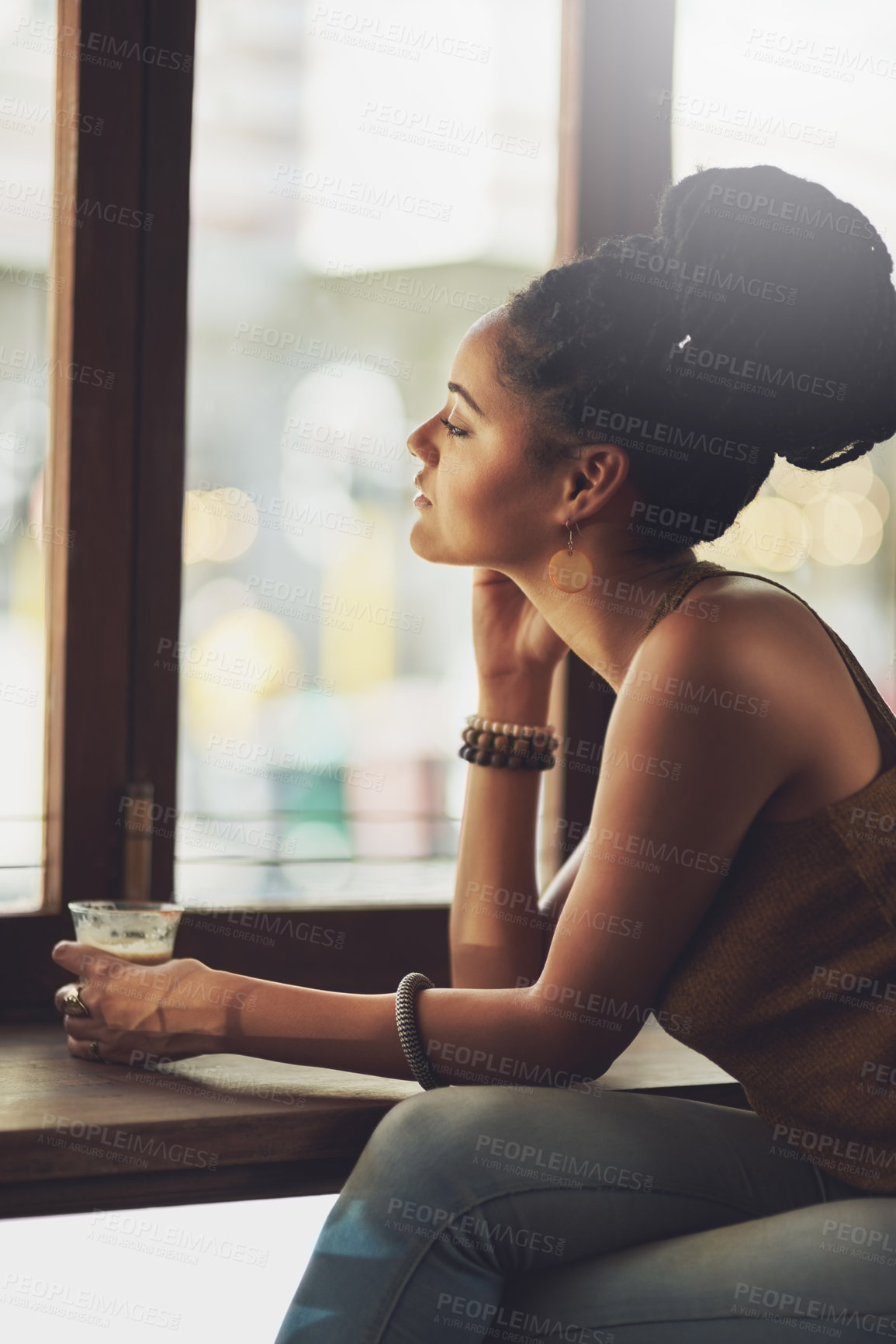 Buy stock photo Black woman thinking, drinking coffee and cafe, dreaming of ideas and planning vision, solution or daydream, goals and question memory. Girl, restaurant and inspiration, mindset and relax at window