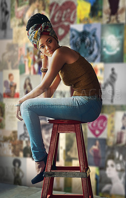 Buy stock photo Chair, fashion and portrait of African woman with casual outfit, trendy style and cool accessories. Creative aesthetic,  posters and person with confidence, pride and beauty on wall background