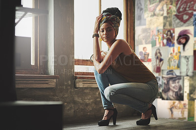 Buy stock photo Woman, portrait and confident in art gallery as artist or painter for creativity in Brazil. Female person, creative and serious with style or fashion and outfit in small business or startup growth