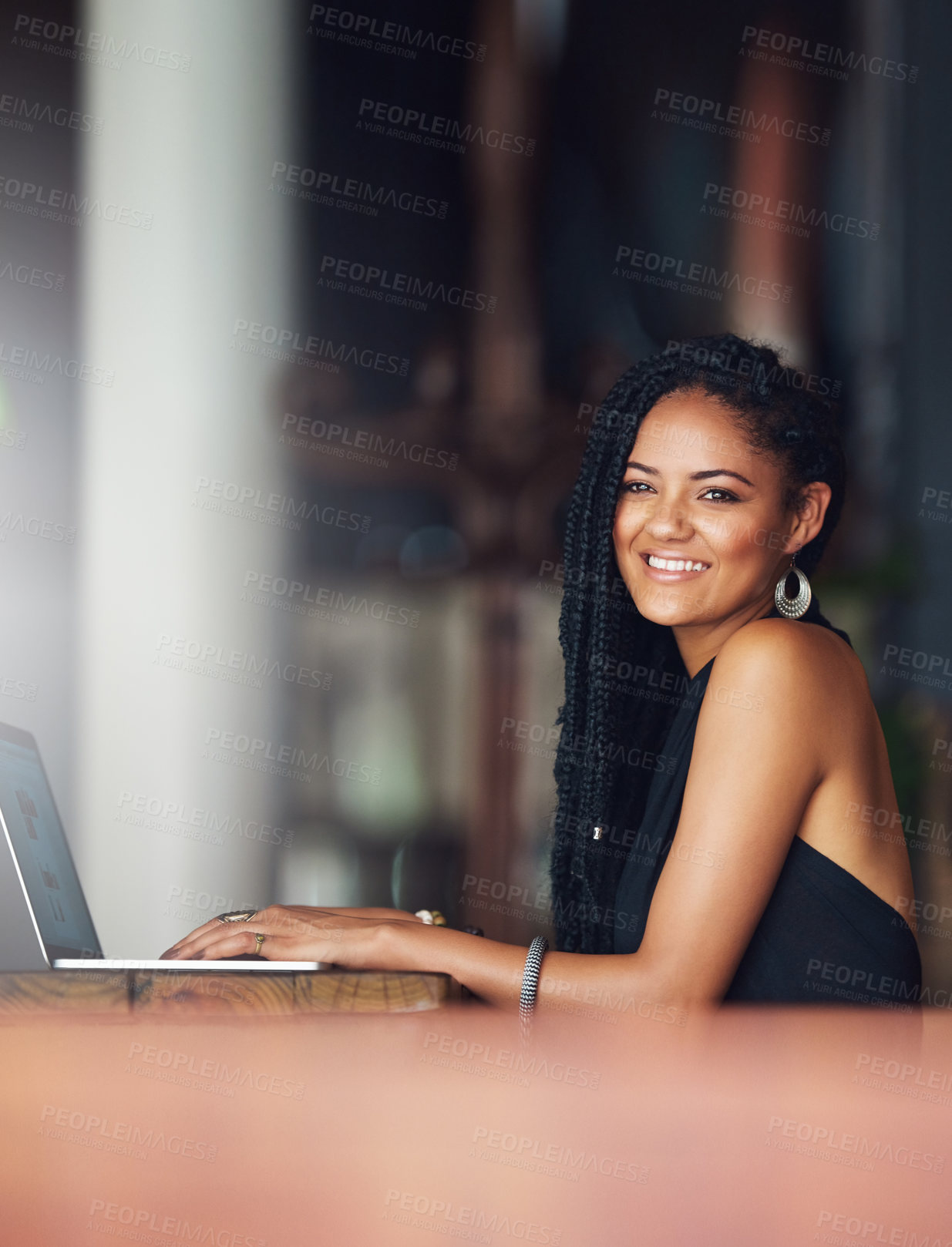 Buy stock photo Coffee shop, laptop and portrait of woman at a cafe for freelance, remote work and research, happy and relax. Black woman, restaurant and social media content creator writing for blog, vlog or post