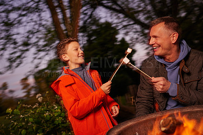 Buy stock photo Shot of a father and son toasting marshmallows over a fire