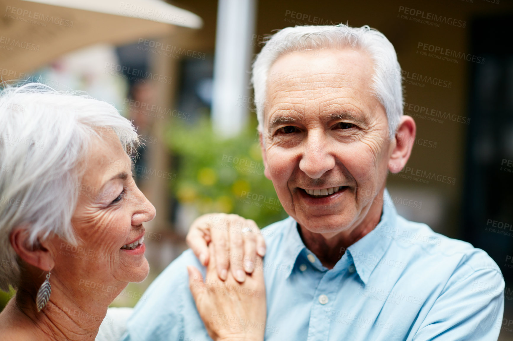 Buy stock photo Portrait of a happy senior couple outdoors