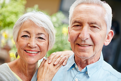 Buy stock photo Portrait of a happy senior couple outdoors