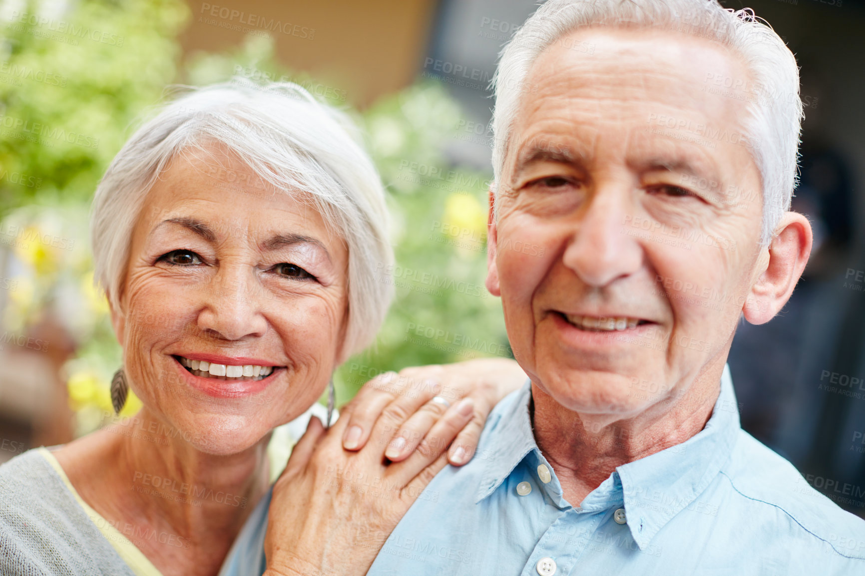 Buy stock photo Portrait of a happy senior couple outdoors