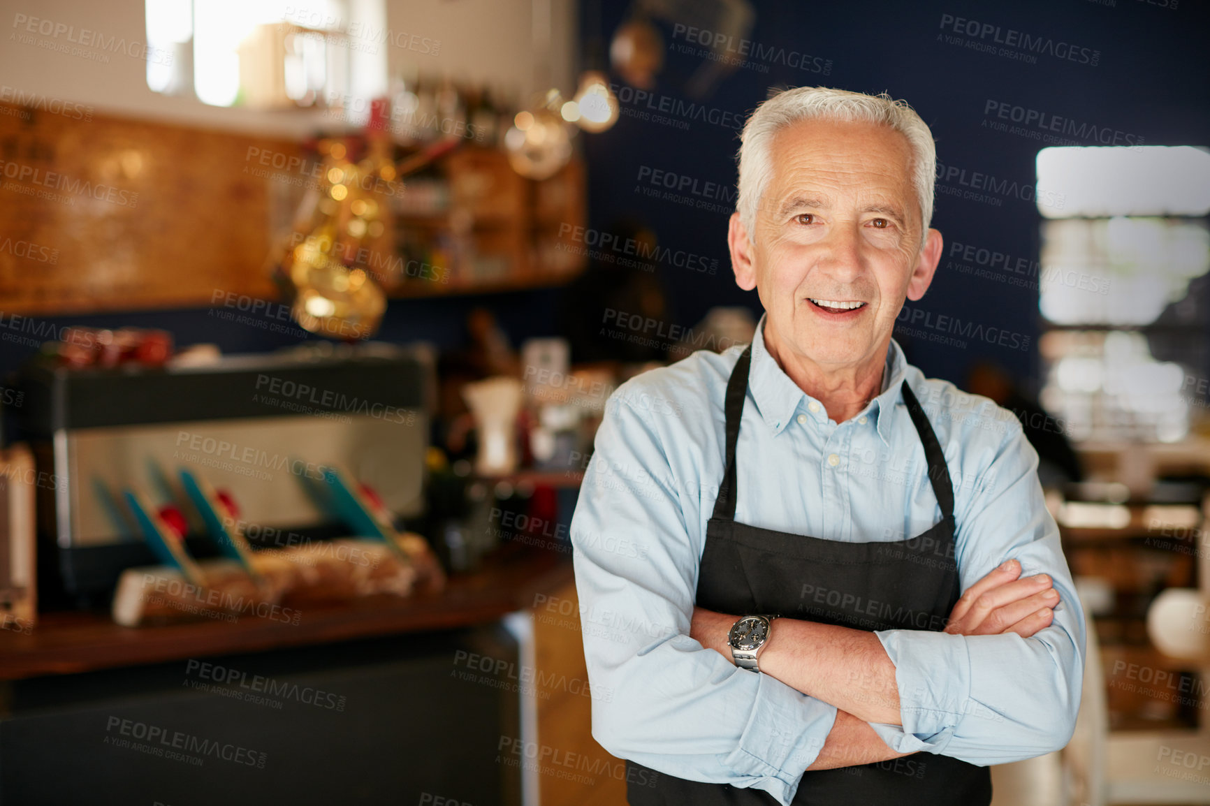 Buy stock photo Portrait of a senior man working in a coffee shop
