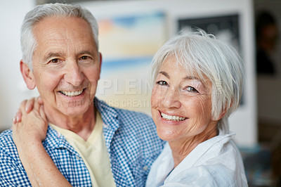 Buy stock photo Portrait of a loving senior couple at home
