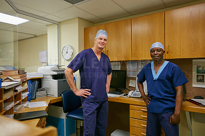 Buy stock photo Portrait of two confident surgeons in a hospital