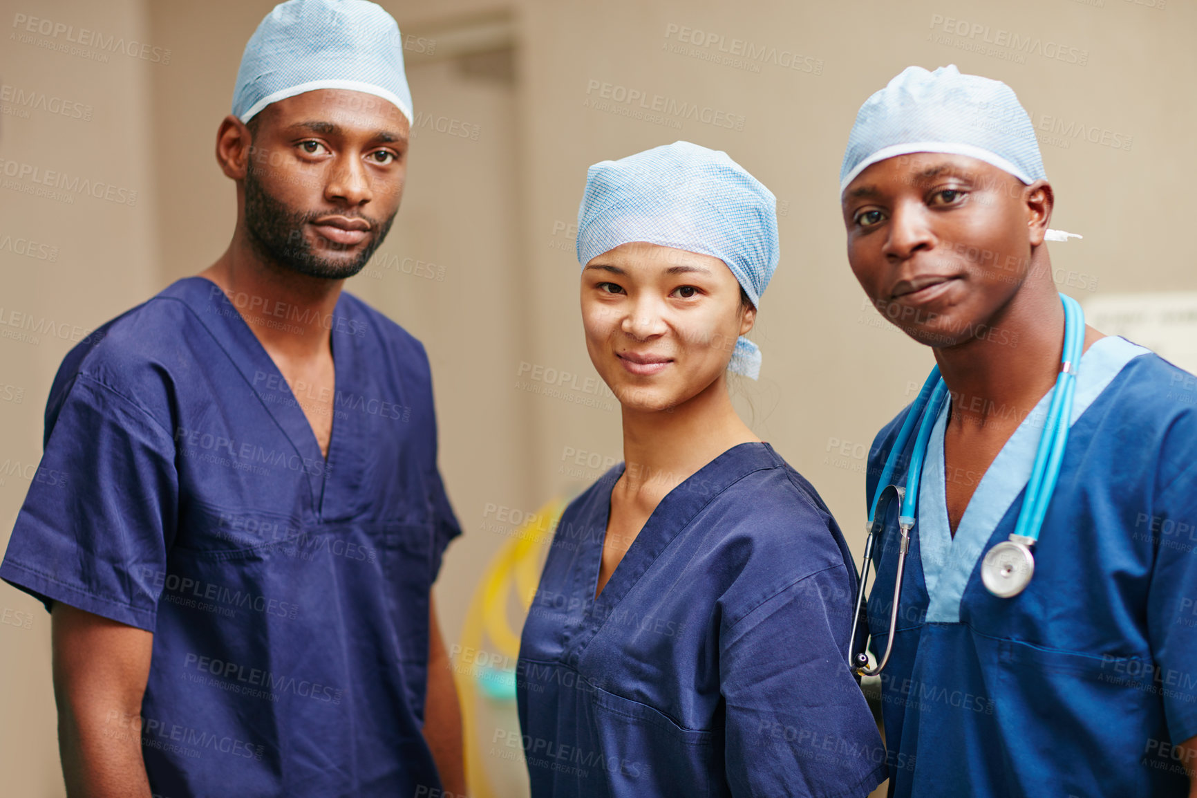 Buy stock photo Cropped portrait of three nurses standing in a hospital