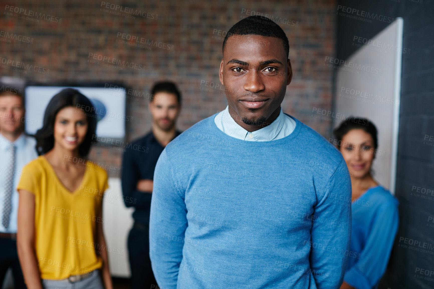 Buy stock photo Portrait, businessman and leader in office with team for project management, company goals and pride. Confident, people and manager in workplace with collaboration, job satisfaction and about us.
