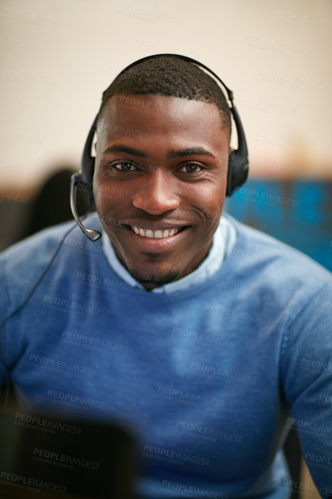 Buy stock photo Cropped portrait of a businessman wearing a headset in the office