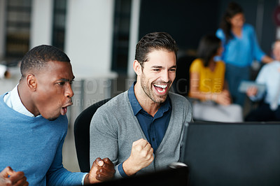 Buy stock photo Cropped shot of two businessmen cheering in the office