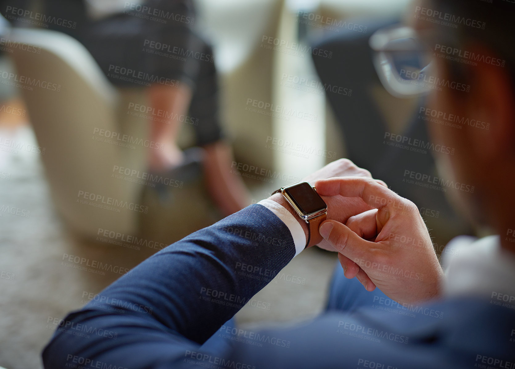 Buy stock photo Hands, corporate and man with smart watch, time management and professional in modern office. Clock closeup, employee in suit or consultant with deadline, appointment and schedule with network or app