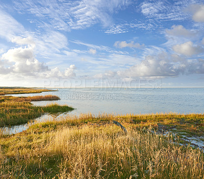 Buy stock photo Landscape, lake and sky with clouds, nature and shoreline with grass bank, location and horizon in summer. Water, ground and outdoor in environment, sustainability and sunshine in wild in Denmark