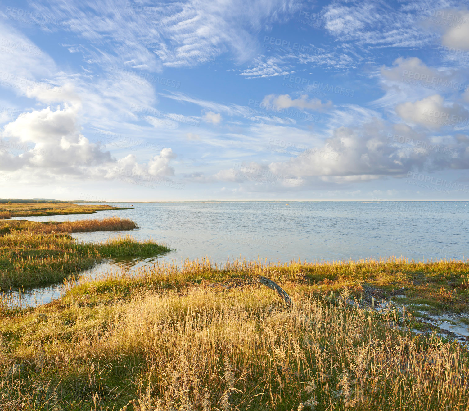 Buy stock photo Landscape, lake and sky with clouds, nature and shoreline with grass bank, location and horizon in summer. Water, ground and outdoor in environment, sustainability and sunshine in wild in Denmark