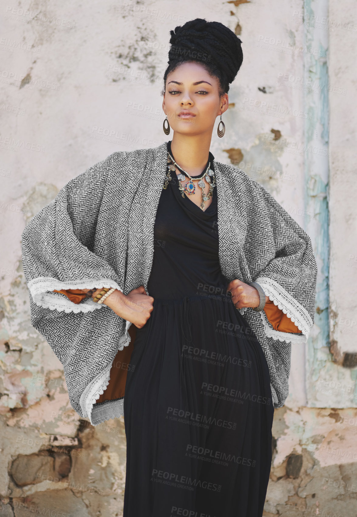 Buy stock photo Woman, fashion and outside in brick wall on portrait for creativity, style and edgy for runway as designer. Female person, stylist and elegant outfit with confidence for small business in Brazil