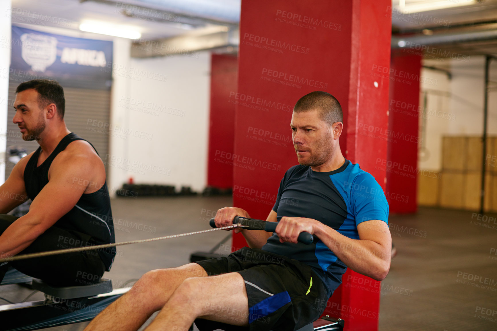 Buy stock photo Cropped shot of two men working out on the rowing machine at the gym