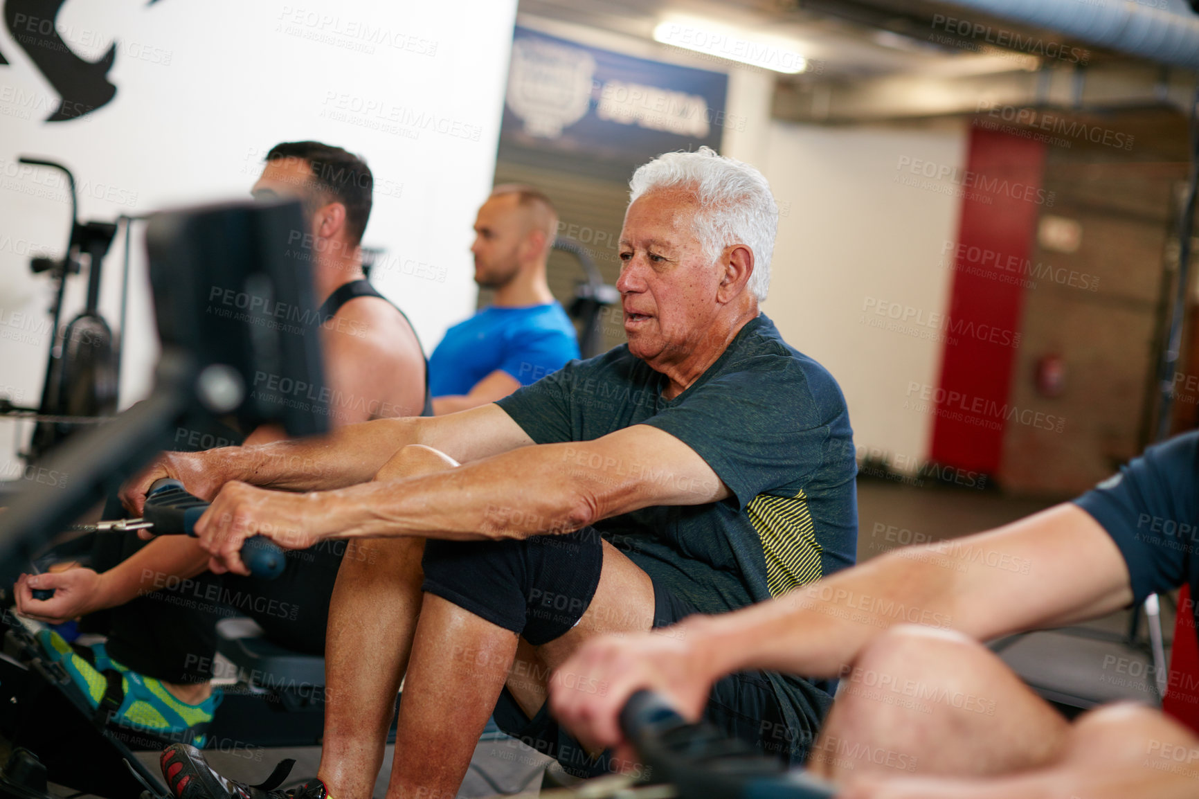 Buy stock photo Class, rowing machine and old man workout for training, muscle fitness or cardio endurance in gym. Group, people and pull cable for exercise equipment, body wellness or challenge in active retirement