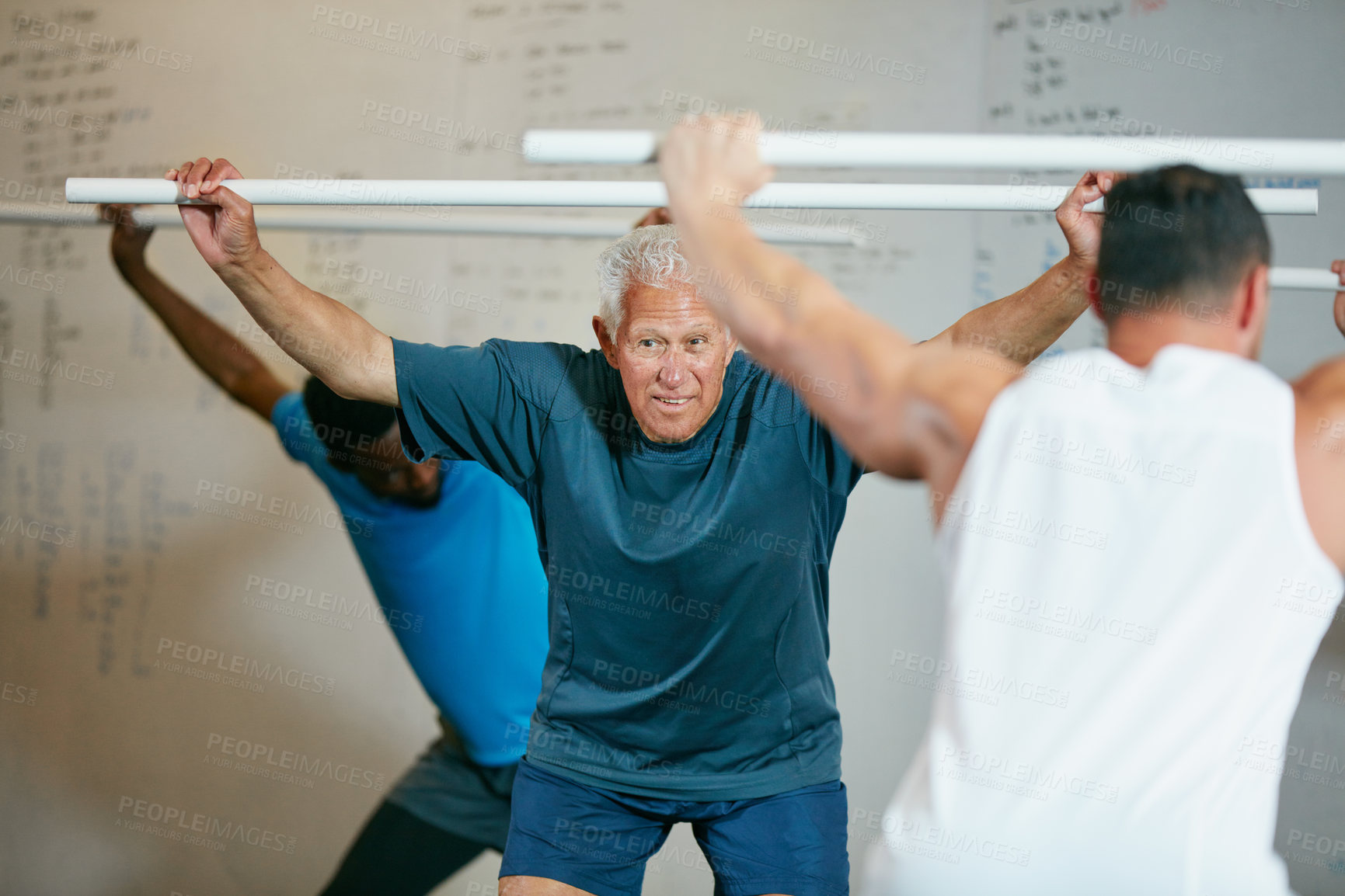 Buy stock photo Shot of a fitness group doing pvc exercises at the gym